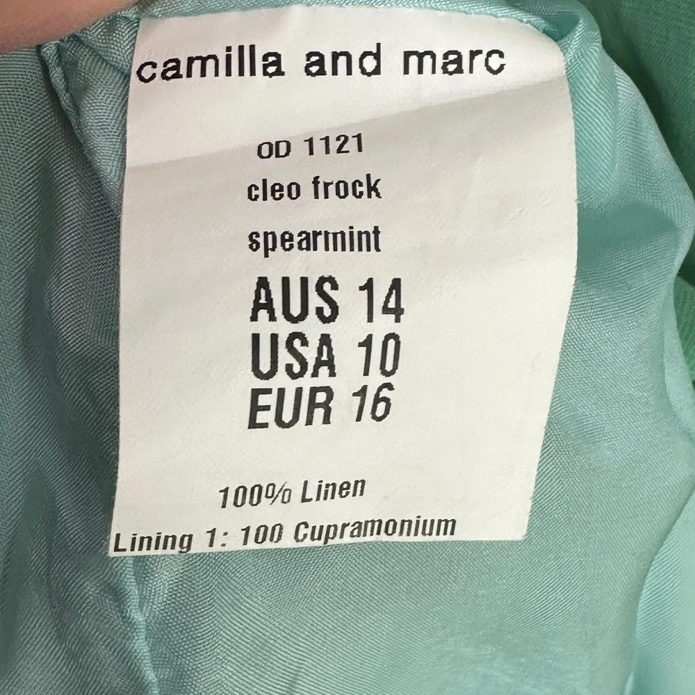 Camilla and Marc Cleo Linen Frock Napkin Dress 10 Mint Green‎ Earthy Naturecore